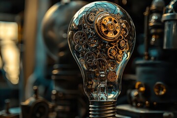 Poster - A unique light bulb filled with intricate gears and cogs, symbolizing innovation and mechanical concepts, creating a visually striking design and metallic texture.
