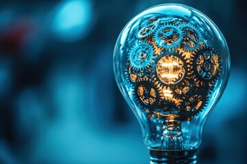 Poster - A captivating light bulb filled with intricate gears, symbolizing innovation and mechanical concepts, set against a cool-toned, out-of-focus, abstract background.