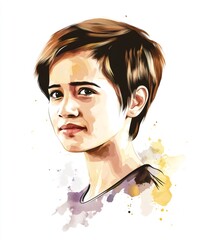 Poster - Young woman with short hair posing for watercolor portrait