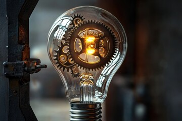 Poster - A conceptual steampunk lightbulb showcasing internal gears, representing bright ideas, innovation, and mechanical complexity against a blurred, industrial background.