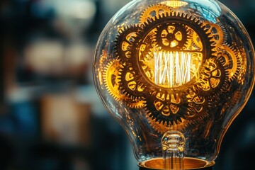 Poster - Close-up shot of a decorative light bulb filled with intricate golden gears and a glowing filament, showcasing vintage style and innovative design with a blurred background.