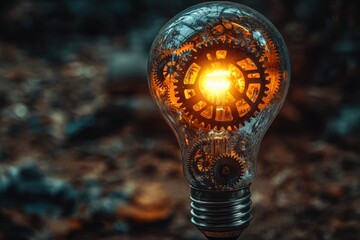 Poster - An intricate light bulb filled with gears illuminated with bright light, symbolizing innovation and mechanical ingenuity set against blurred earth tone backdrop.