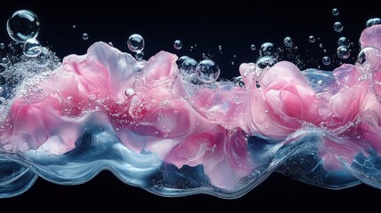 Poster - Rising waves of pink petals and bubbles create a mesmerizing underwater display in an artistic composition