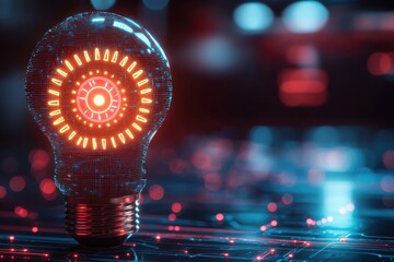Poster - a futuristic digital light bulb emitting a bright orange glow, representing innovation and advanced 