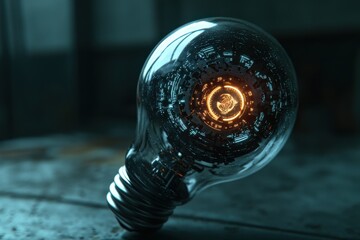 Poster - A high-tech light bulb featuring intricate circuit patterns and a glowing center, symbolizing innovation and futuristic technology concepts against a dark backdrop.