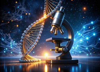 Poster - Microscopic DNA Strand: 3D Night Photography Illustration