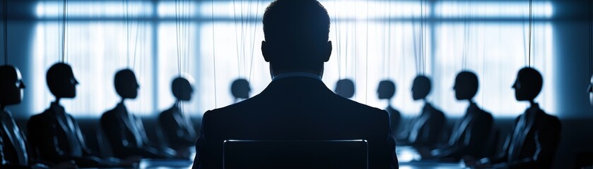 Poster - A silhouette of a person sits facing a group of shadowy figures in a meeting room, creating a tense, corporate atmosphere.