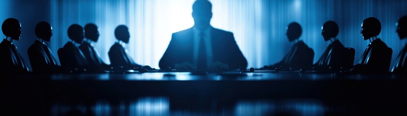 Poster - A dramatic boardroom scene featuring a silhouetted figure at the head of a long table, surrounded by seated individuals in a dimly lit environment.