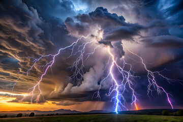 Wall Mural - thunderstorm with lightning represents harmonious connection between turbulent clouds, electrical discharges, and interplay of thunder and lightning