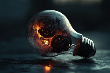 Poster - Illuminated light bulb filled with gears and cogs, lying on a surface, symbolizing mechanical innovation and the power of ideas, creating a bright, focused spotlight.