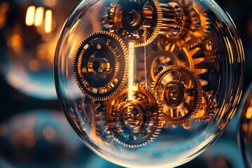 Poster - A captivating close-up of a steampunk-inspired light bulb, revealing intricate golden gears encased in glass, bathed in a warm, inviting light, and casting dynamic shadows.