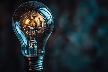 Poster - An intriguing shot of a lightbulb filled with intricate gears, representing the inner workings of ideas and innovation, and the energy of creation.