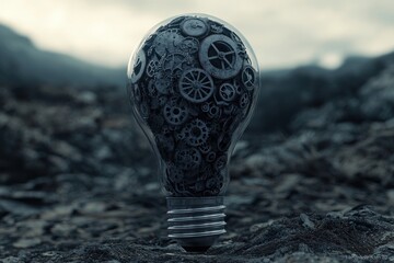 Poster - A symbolic representation of innovative thinking, showcasing a lightbulb filled with intricate gear mechanisms, conceptualizing complex ideas and solutions, against an outdoors environment.