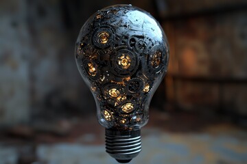 Poster - Conceptual art showcasing the mechanics of innovation, a lightbulb filled with intricate gears and luminous elements, symbolizing the complexity of ideas and power of ingenuity.