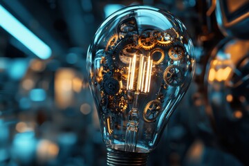Poster - Intricate lightbulb with gears showcases innovation and the power of brainstorming, reflecting creative solutions, and illustrating the complexity of ideas, shining brightly.