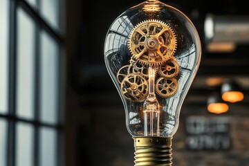 Poster - A vintage-style lightbulb filled with golden gears and a glowing filament, symbolising innovation and mechanical ingenuity on a blurred interior background.