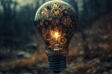 Poster - A vintage-inspired light bulb filled with intricate gears and a glowing filament evokes the essence of innovation and mechanical ingenuity in nature.