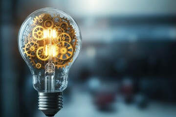 Poster - A bright idea: Lightbulb filled with golden gears represents innovation and creative thinking in a blurry abstract background for business and technology.