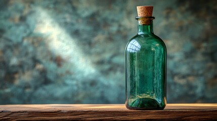 Aufkleber - A green glass bottle with a cork sits on a rustic wooden table. The background features a softly lit, textured wall, enhancing the bottles elegant simplicity.
