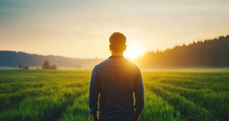 Aufkleber - A person stands in lush green fields, gazing at the sunrise that illuminates the landscape. The harmonious blend of nature and modern agricultural practices is evident in the expansive terrain.