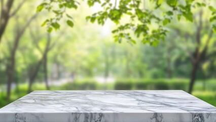 Fototapete - Empty marble table with blurred park background for outdoor product display