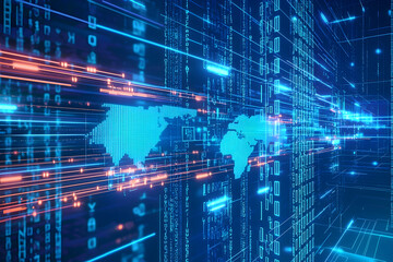 Poster - Tech Code, World Map, and Digital Design, blending modern technology concepts in an abstract blue digital background.