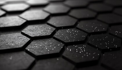 Fototapete - Futuristic big data network connection design with black background, 3D hexagonal honeycomb landscape, and advanced digital wideangle perspective
