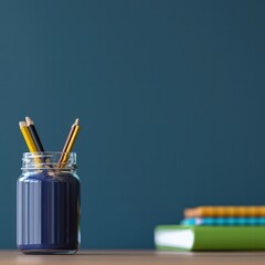 Poster - Clear glass jar filled with colorful pencils for artistic expression on a desk workspace