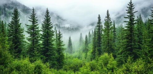 Poster - Fog rolling through evergreen forest of spruce trees