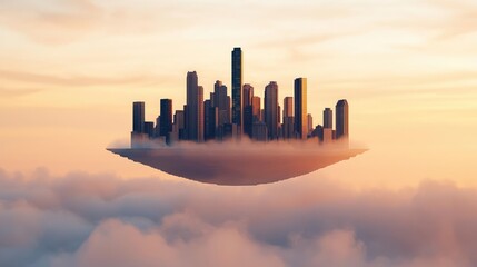 Poster - Surrealist art abstract background idea. A surreal floating city above the clouds during a colorful sunrise.