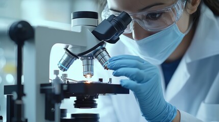Aufkleber - Scientist analyzing sample under microscope in modern laboratory