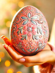 Poster - Intricately designed pink decorative egg held gently in a hand with soft lighting in the background
