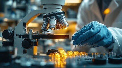 Aufkleber - Scientist using microscope in laboratory with test tubes for medical research