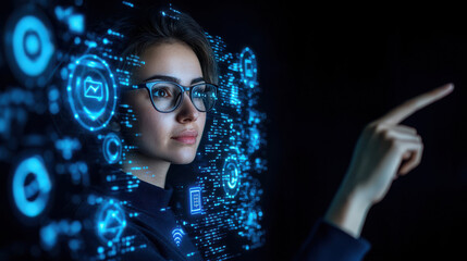 Poster - Innovative, small business professional interacting with digital interface, showcasing technology and data visualization