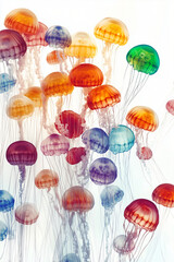 Poster - Vibrant Jellyfish Ballet: A captivating spectacle of colorful jellyfish gracefully dancing through the ocean, their translucent bodies illuminated with vibrant hues