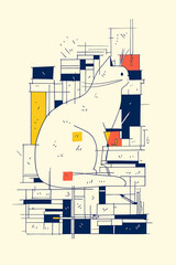 Poster - Cat among City Blocks: A whimsical illustration of a cat perched atop a stylized cityscape, rendered with clean lines and vibrant blocks of color, offering a fresh take on urban wildlife.