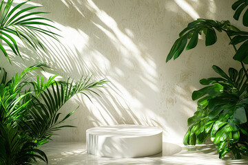 Poster - Sunlight filters through leaves, creating patterns on a minimalist indoor setting with a white circular platform surrounded by plants
