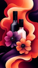 Poster - two raki bottles, one black and one white, are presented with colorful flowers, with abstract shapes
