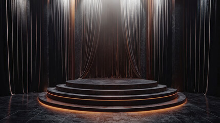 Poster - An illuminated stage features multiple levels, surrounded by dark curtains, creating an elegant atmosphere for events or performances