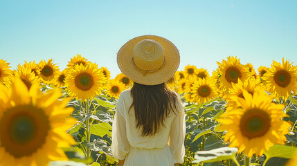 Poster - A woman enjoys a peaceful moment in a sunflower field, surrounded by bright yellow blooms and sunshine on a warm day