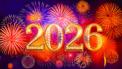 Poster - Colorful fireworks display welcoming the new year 2026 with vibrant lights and celebration