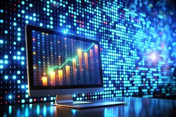 Poster - Low Light Computer Screen Displaying Increasing Numbers, Financial Data, Growth, Statistics, Millions