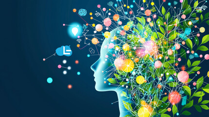 Poster - Creative representation of human ideas and nature's elements merging in a vibrant digital landscape