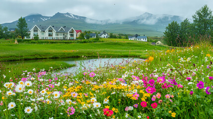 Poster - Vibrant wildflowers bloom around a serene pond with mountains in the background on a cloudy day