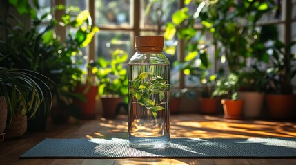 Poster - A glass bottle filled with clean water and vibrant green plants sits on a wooden surface. Surrounding it are various potted plants in a sunlit room, creating a serene atmosphere.