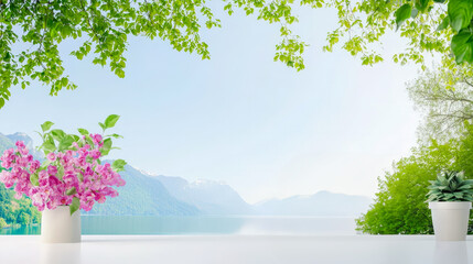 Poster - Scenic lakeside view with blooming flowers and lush greenery on a sunny day in spring