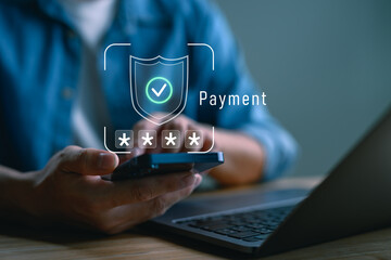 Aufkleber - Secure online payment, Digital banking, Payment successful, Fintech solutions for seamless transactions and data protection, Online banking, Businessman authorizes an online payment by smartphone