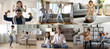 © fizkes - Collage of diverse activities of different families with kids at home. Parents and little children having fun, dancing, and meditating on weekend in living room, exuding joy, connection and happiness