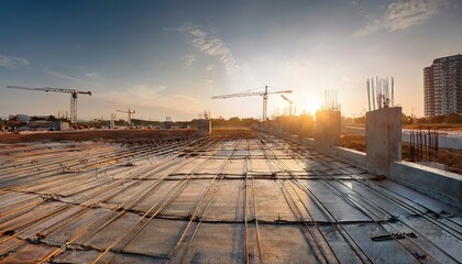 Morning light warms a busy construction site, illuminating cranes and concrete.