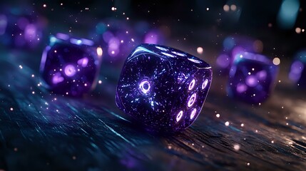 Poster - Glowing purple dice with mystical cosmic patterns floating in dark space with bokeh lights and magical sparkles, creating supernatural gaming atmosphere.